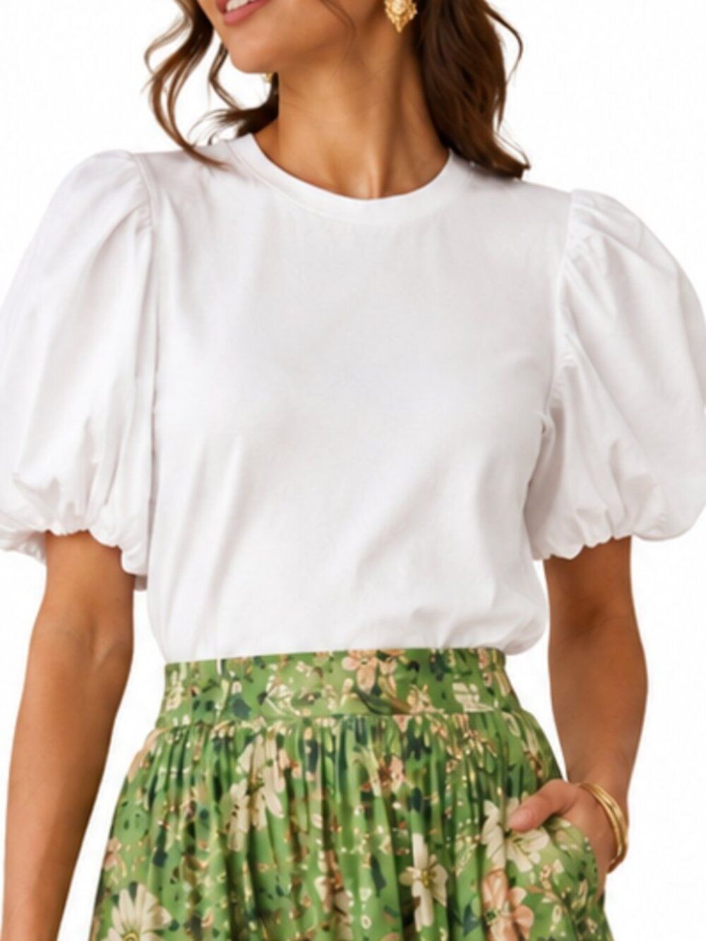 Love The Label Lali Tee XS White Puff Sleeve Crewneck Top Cotton Blend
